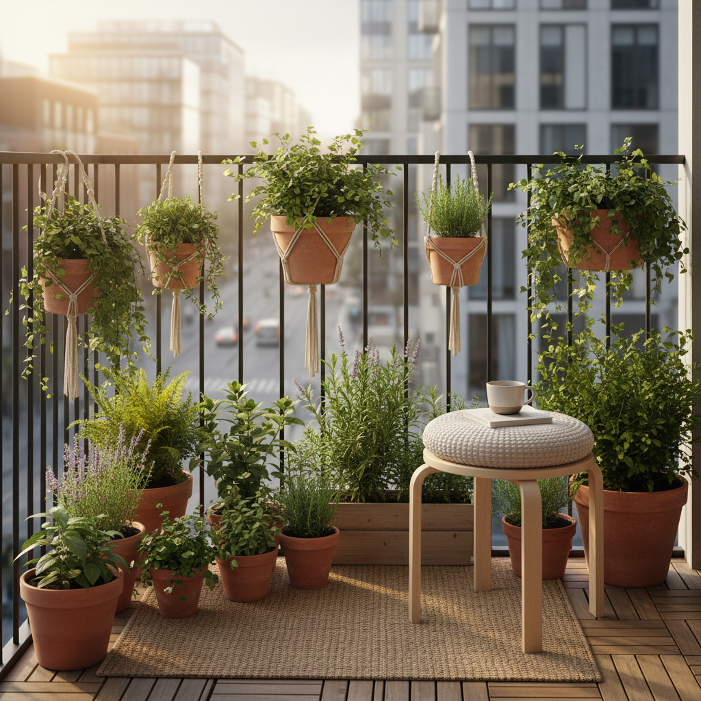 Small urban balcony styled with potted and hanging plants, a wooden stool in warm morning light